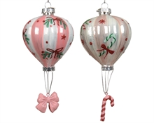 PENDENTE IN VETRO MONGOLFIERA CON FIOCCO/CANDY CANE ROSA 16CM 2A