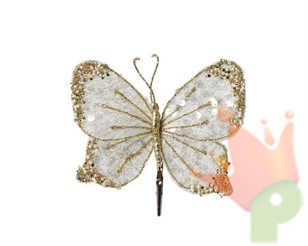 FARFALLA CON CLIP BIANCO CON PERLINE ORO 16X14CM