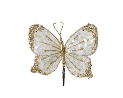 FARFALLA CON CLIP BIANCO CON PERLINE ORO 16X14CM