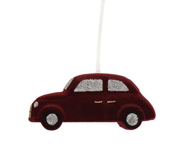 PENDENTE AUTOMOBILE IN VELLUTO ROSSO GLITTERATO 14,5X6,5CM