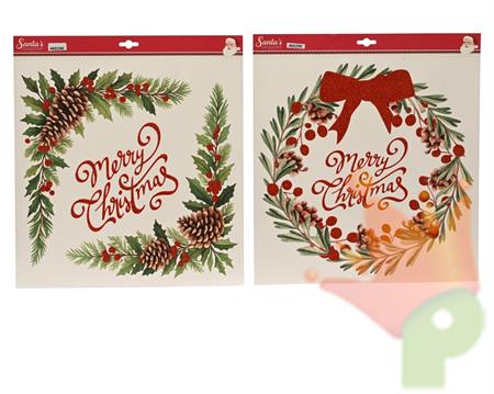 VETROFANIA MERRY CHRISTMAS CON BACCHE ROSSO GLITTERATO 2ASS