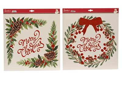 VETROFANIA MERRY CHRISTMAS CON BACCHE ROSSO GLITTERATO 2ASS