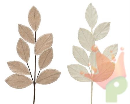RAMO FOGLIE IN VELLUTO BEIGE/BIANCO GLITTERATO 75CM 2ASS