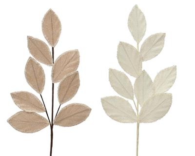 RAMO FOGLIE IN VELLUTO BEIGE/BIANCO GLITTERATO 75CM 2ASS
