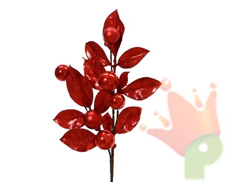 RAMO CON FOGLIE GLITTERATE E PALLINE ROSSO LUCIDO/OPACO 36CM