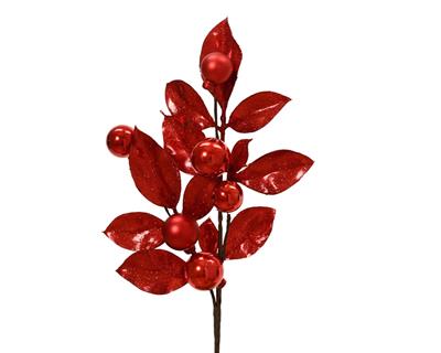 RAMO CON FOGLIE GLITTERATE E PALLINE ROSSO LUCIDO/OPACO 36CM