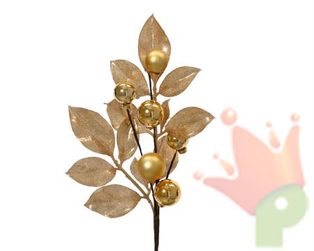 RAMO CON FOGLIE GLITTERATE E PALLINE ORO LUCIDO/OPACO 36CM