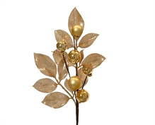 RAMO CON FOGLIE GLITTERATE E PALLINE ORO LUCIDO/OPACO 36CM