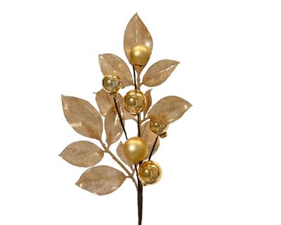 RAMO CON FOGLIE GLITTERATE E PALLINE ORO LUCIDO/OPACO 36CM