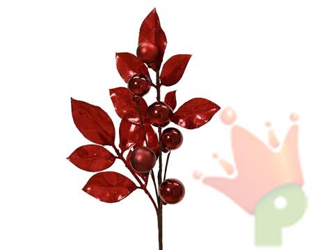 RAMO CON FOGLIE GLITTERATE E PALLINE BORDEAUX LUCIDO/OPACO 36CM