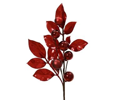 RAMO CON FOGLIE GLITTERATE E PALLINE BORDEAUX LUCIDO/OPACO 36CM
