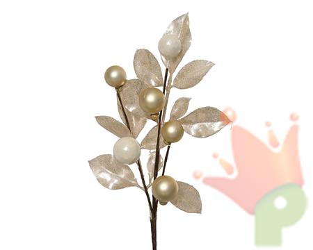 RAMO CON FOGLIE GLITTERATE E PALLINE PERLA LUCIDO/OPACO 36CM