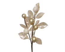 RAMO CON FOGLIE GLITTERATE E PALLINE PERLA LUCIDO/OPACO 36CM