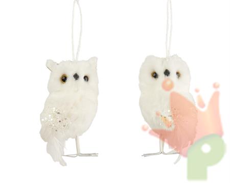 PENDENTE GUFO IN PELLICCIA CON PERLINE BIANCO 12CM 2ASS