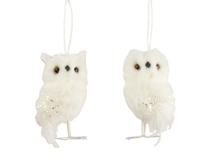 PENDENTE GUFO IN PELLICCIA CON PERLINE BIANCO 12CM 2ASS