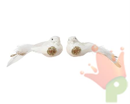 UCCELLINO CON CODA BIANCO GLITTERATO ORO 12X4,5X4CM 2ASS