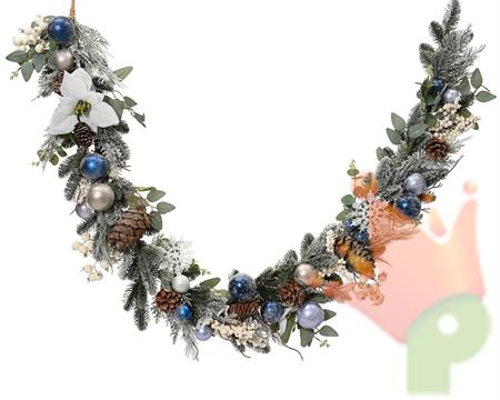 GHIRLANDA INNEVATA CON PIGNE E PALLINE BLU 180CM