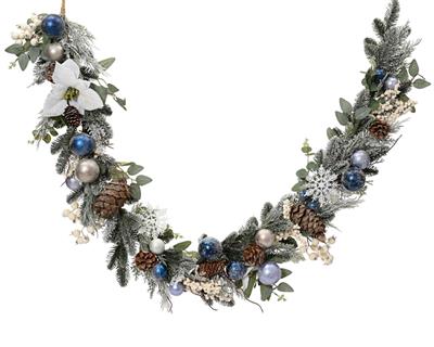 GHIRLANDA INNEVATA CON PIGNE E PALLINE BLU 180CM