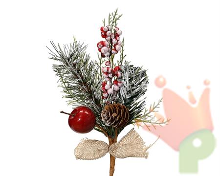 RAMO CON BACCHE ROSSE E FIOCCO 20CM