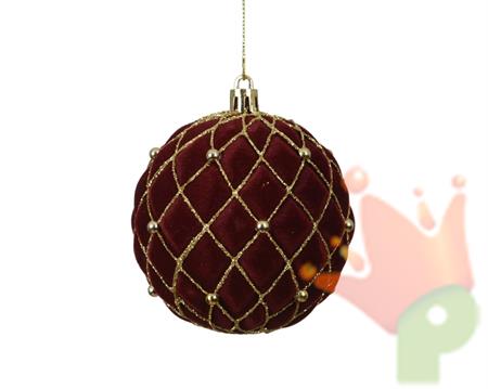 PALLINA DI NATALE IN VELLUTO ROSSO CON DECORAZIONI ORO 8CM