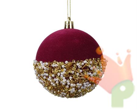 PALLINA DI NATALE IN VELLUTO ROSSO CON DECORAZIONI ORO 8CM
