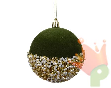 PALLINA DI NATALE IN VELLUTO VERDE CON DECORAZIONI ORO 8CM