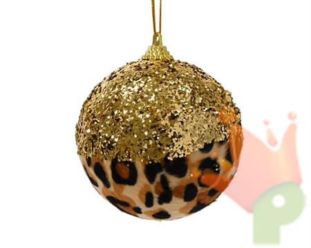 PALLINA DI NATALE LEOPARDATA CON GLITTER ORO 8CM