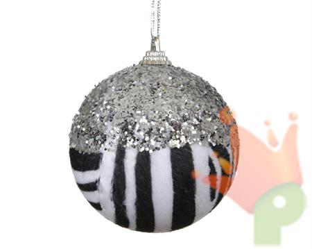 PALLINA DI NATALE ZEBRATA CON GLITTER ARGENTO 8CM