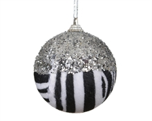 PALLINA DI NATALE ZEBRATA CON GLITTER ARGENTO 8CM