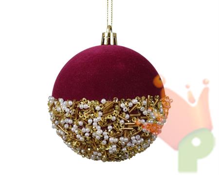 PALLINA DI NATALE IN VELLUTO ROSSO CON DECORAZIONI ORO 10CM
