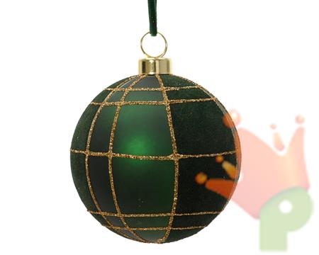 PALLINA DI NATALE VERDE SCURO CON GEOMETRIE ORO 8CM
