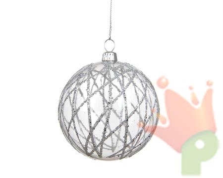 PALLINA DI NATALE TRASPARENTE CON LINEE GLITTERATE ARGENTO 8CM