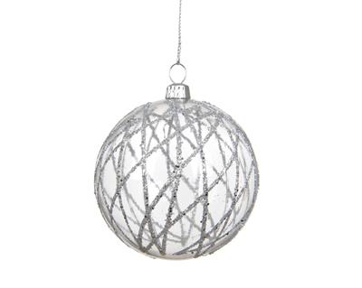 PALLINA DI NATALE TRASPARENTE CON LINEE GLITTERATE ARGENTO 8CM
