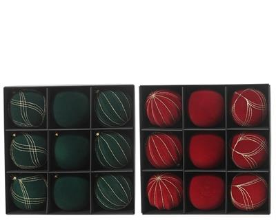 PALLINE DI NATALE IN VELLUTO E LINEE DORATE 9PZ 2ASS
