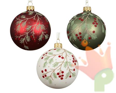 PALLINA DI NATALE IN VETRO CON RAMETTI E BACCHE GLITTER 8CM 3ASS