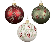 PALLINA DI NATALE IN VETRO CON RAMETTI E BACCHE GLITTER 8CM 3ASS
