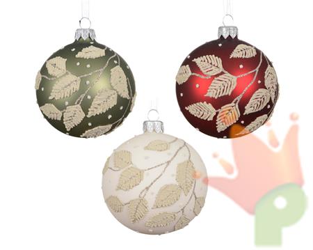 PALLINA DI NATALE IN VETRO CON FOGLIE GLITTERATE 8CM 3ASS