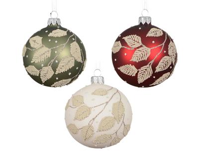 PALLINA DI NATALE IN VETRO CON FOGLIE GLITTERATE 8CM 3ASS