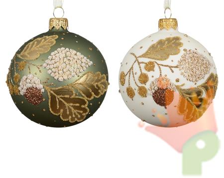 PALLINA DI NATALE IN VETRO CON FOGLIE E GHIANDE GLITTER 8CM 2ASS