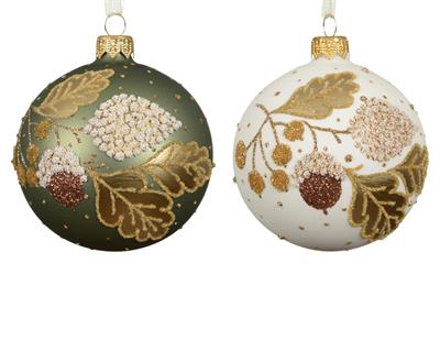 PALLINA DI NATALE IN VETRO CON FOGLIE E GHIANDE GLITTER 8CM 2ASS