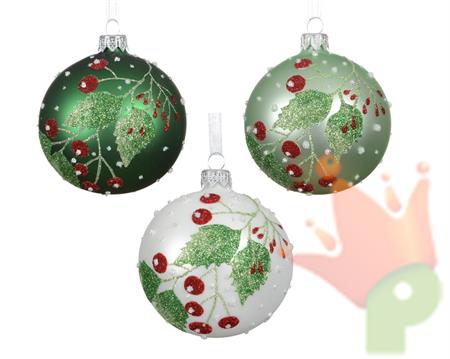 PALLINA IN VETRO CON FOGLIE E BACCHE ROSSE GLITTERATE 8CM 3ASS
