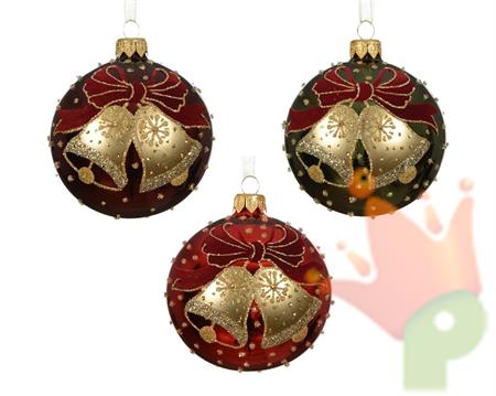 PALLINA DI NATALE IN VETRO CAMPANELLE E FIOCCO GLITTER 8CM 3ASS