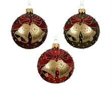 PALLINA DI NATALE IN VETRO CAMPANELLE E FIOCCO GLITTER 8CM 3ASS