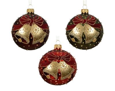 PALLINA DI NATALE IN VETRO CAMPANELLE E FIOCCO GLITTER 8CM 3ASS