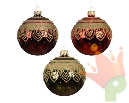 PALLINA DI NATALE IN VETRO CON RICAMI ORO E STRASS 8CM 3ASS