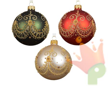 PALLINA DI NATALE IN VETRO CON FESTONE GLITTERATO 8CM 3ASS