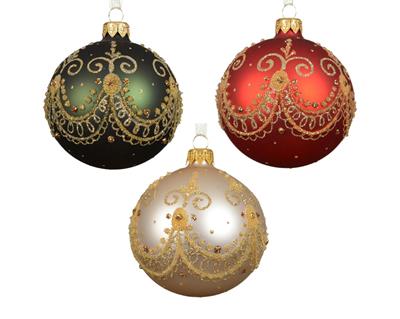 PALLINA DI NATALE IN VETRO CON FESTONE GLITTERATO 8CM 3ASS