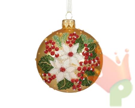 PALLINA DI NATALE CON STELLA DI NATALE E BACCHE GLITTERATE 8CM