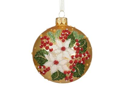 PALLINA DI NATALE CON STELLA DI NATALE E BACCHE GLITTERATE 8CM