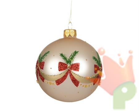 PALLINA DI NATALE IN VETRO GHIRLANDA E FIOCCO GLITTER PERLA 8CM